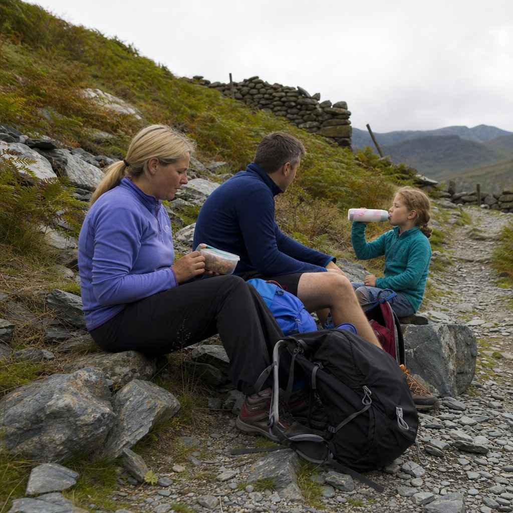 A family stopped for a snack break on rocks beside the path