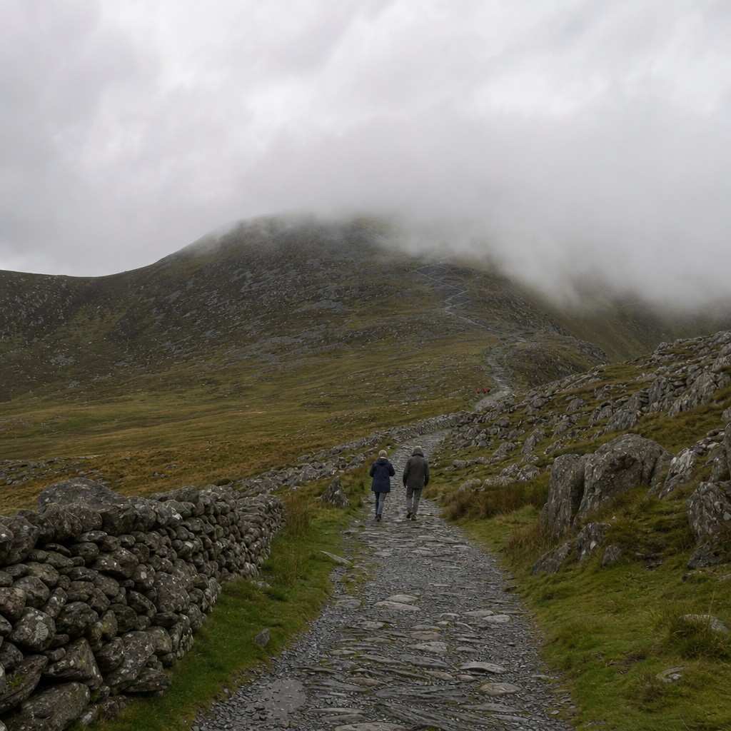Cloud rolling over a mountain ridge above the path, walkers small below