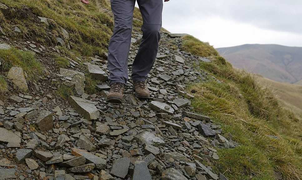 A walker crossing loose angular scree on a Welsh mountainside