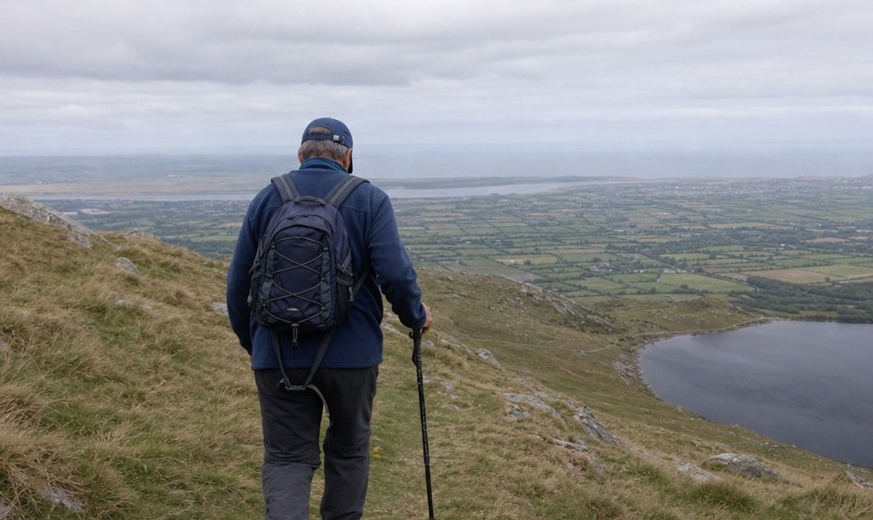 A walker climbing a broad grassy mountain shoulder with a valley behind
