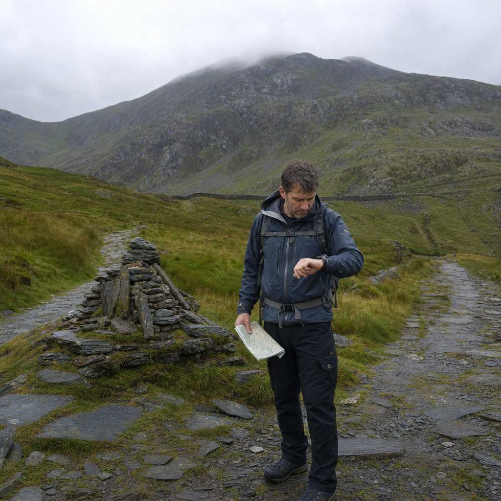 A walker checking the time at a stone path junction marker