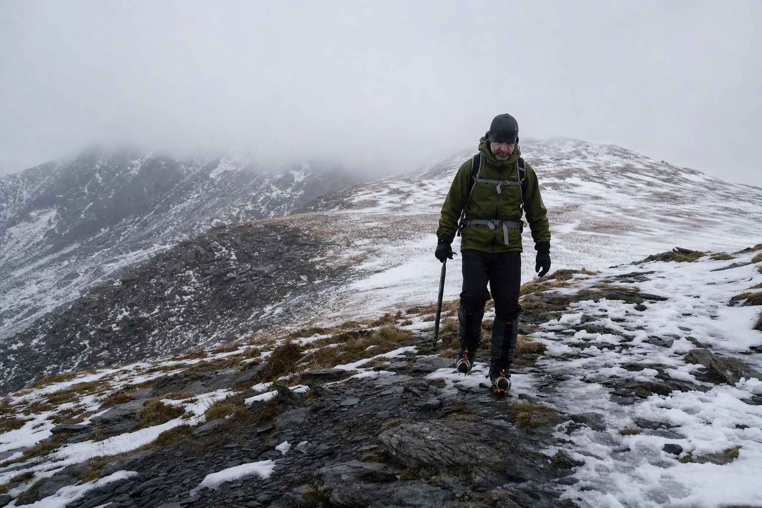 A walker in winter gear on a snow-covered Welsh mountain ridge