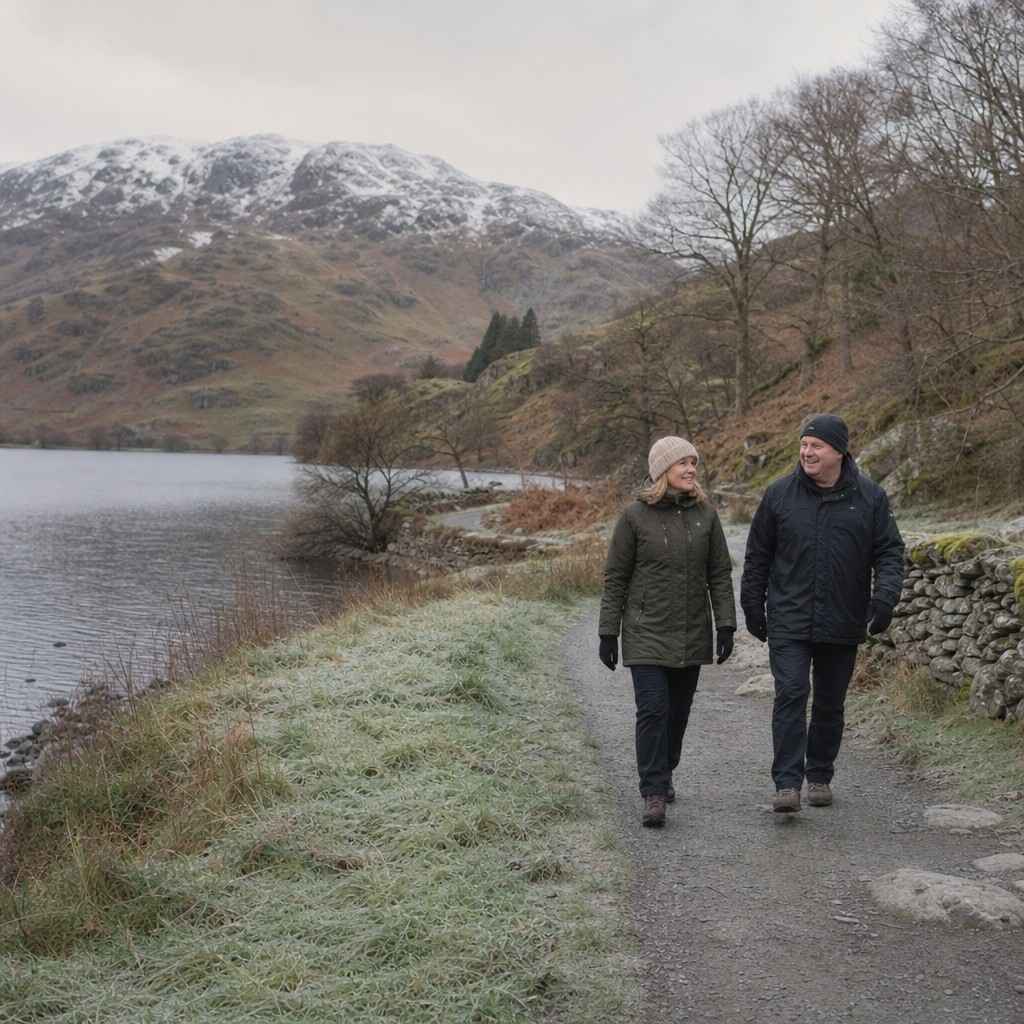 Two walkers on a frosty low-level lakeside path in winter