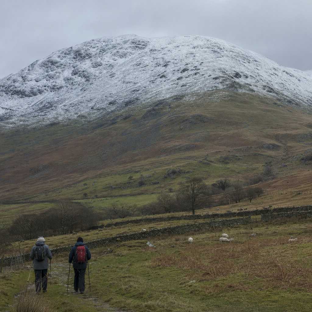 The snow line on a Welsh mountain seen from green fields in the valley