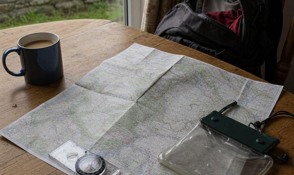 A folded walking map, compass and map case laid out on a kitchen table