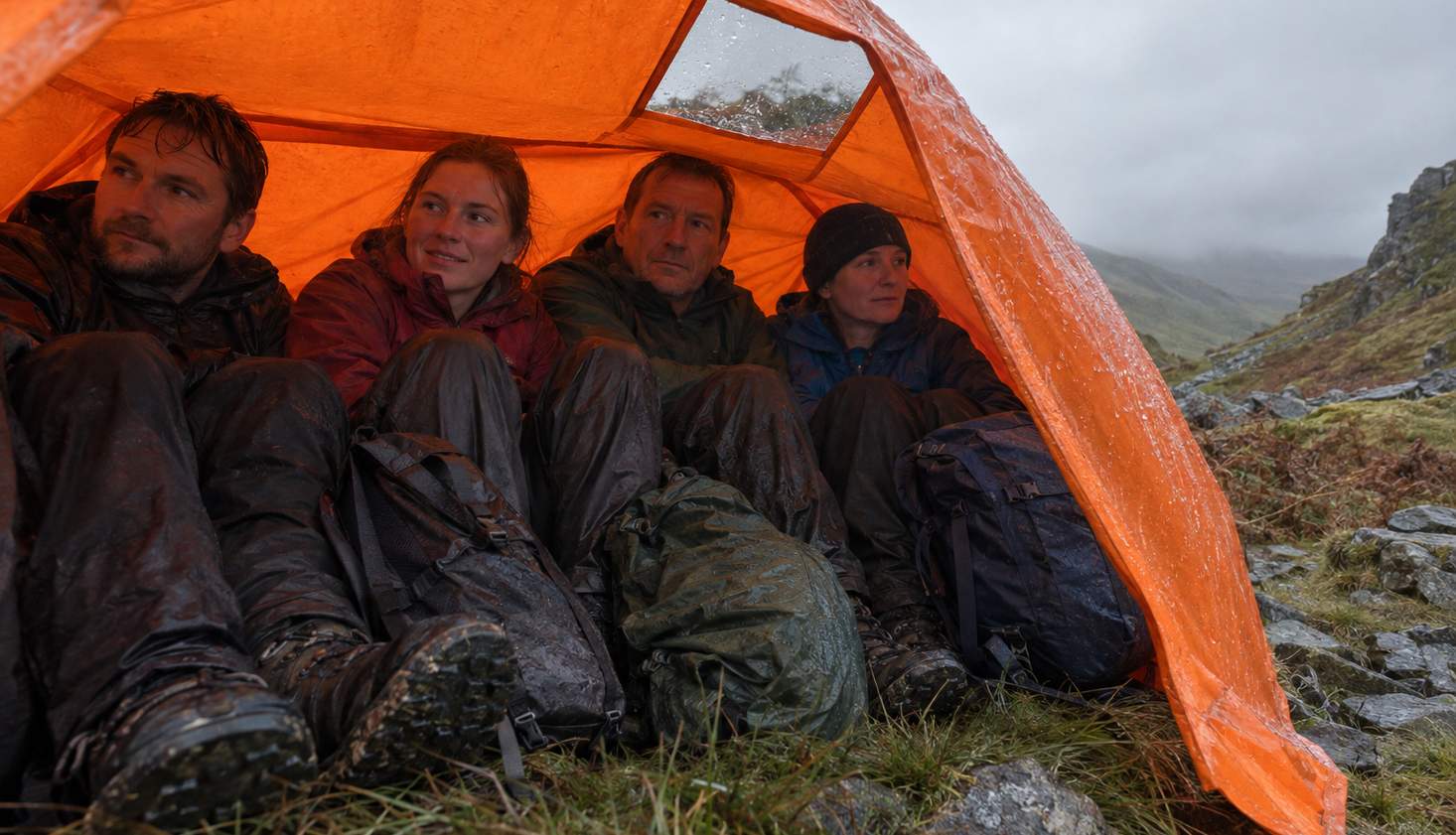 Four walkers sitting shoulder to shoulder on the ground inside an orange group emergency shelter pulled down over their heads, on an exposed Welsh col in the rain.