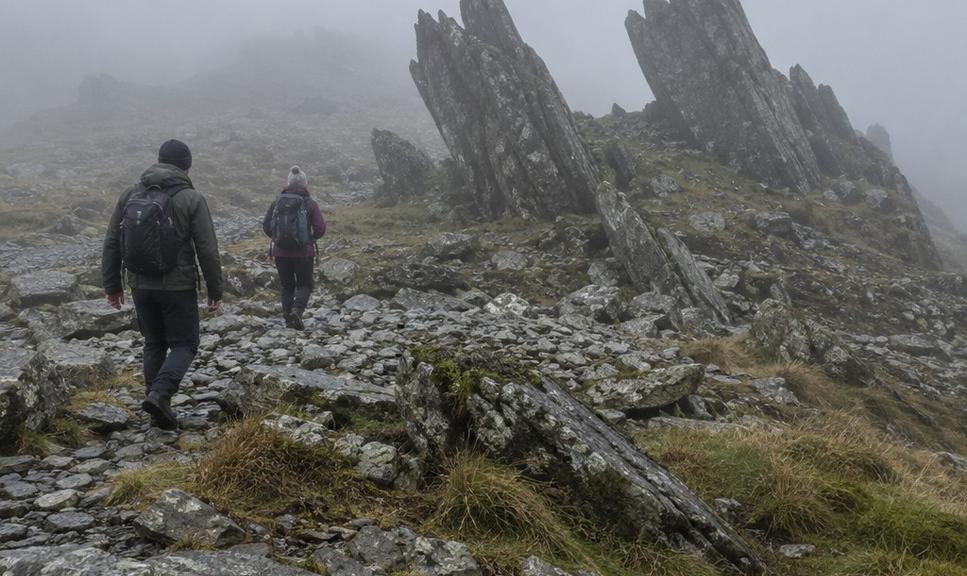 The claw-like rock formations on the summit plateau of Glyder Fawr in cloud.