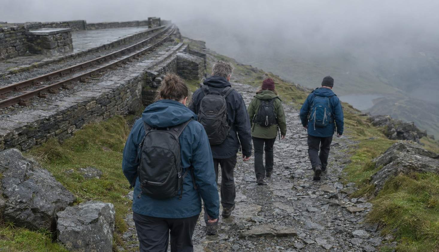 Four walkers setting off down the stony path from Snowdon's summit, the mountain railway platform behind them fading into cloud.