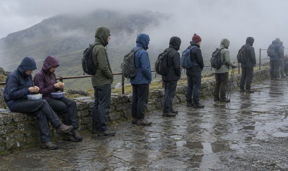 Walkers and visitors waiting on a bare stone terrace at Snowdon's summit with cloud blowing through.