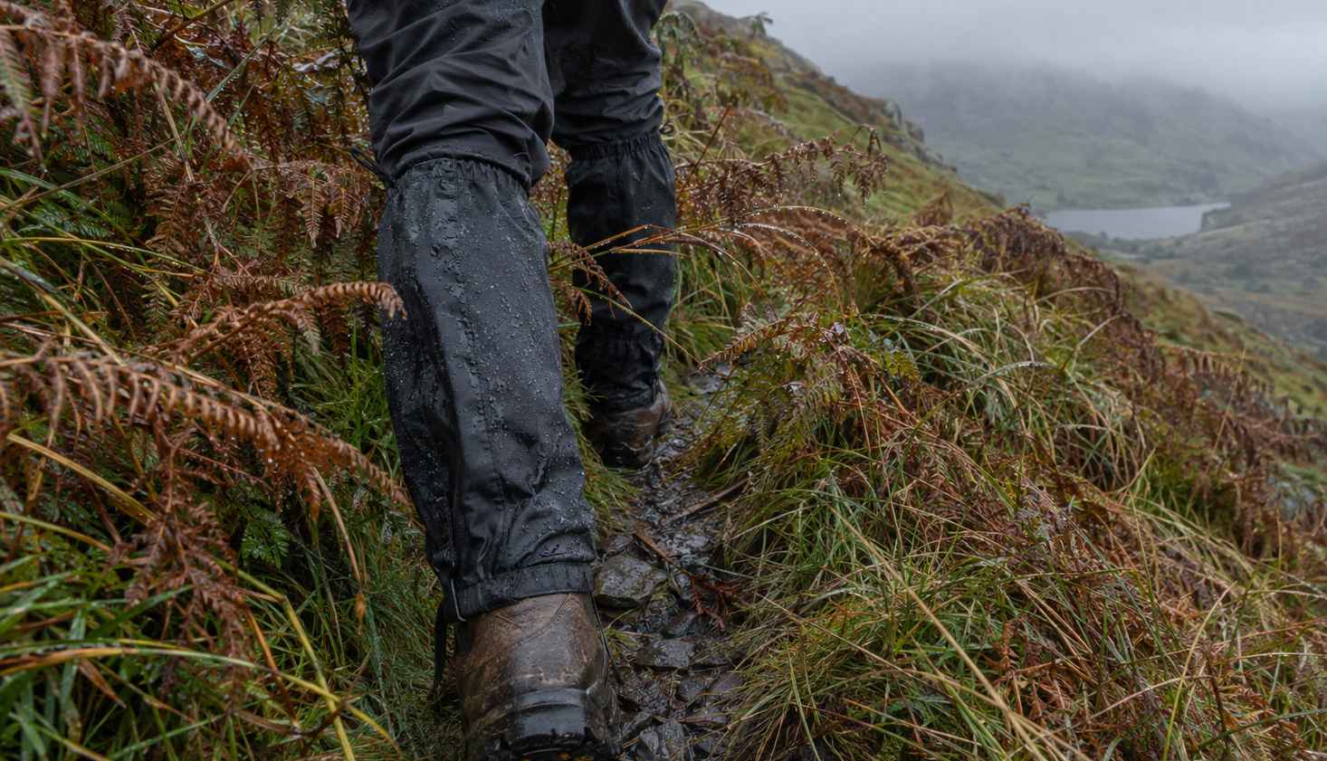 A walker's lower legs and boots in gaiters, mid-stride through soaking waist-high bracken on a narrow Welsh hill path under flat grey cloud.