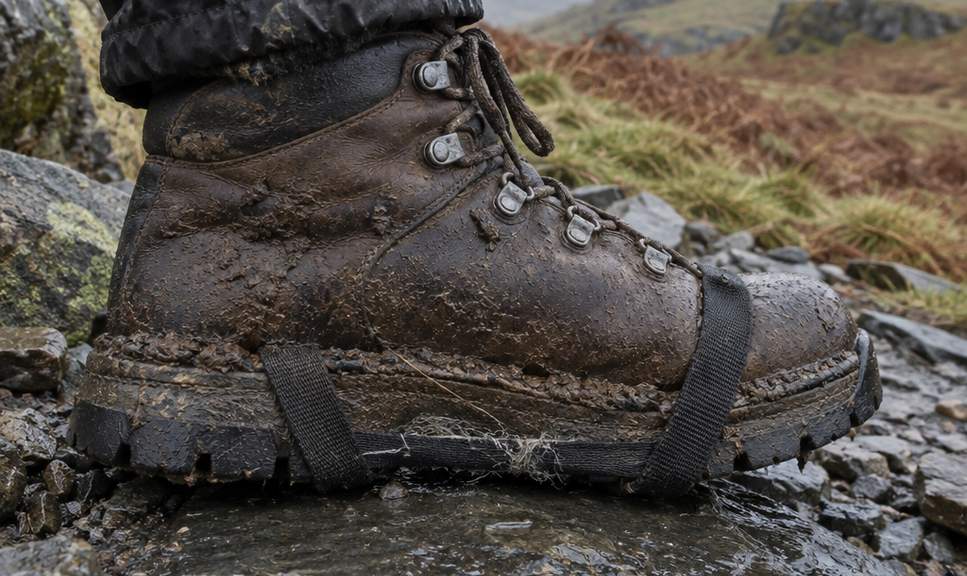 A close side view at ground level of a muddy walking boot on wet slate, with the gaiter strap under the sole frayed and worn thin.