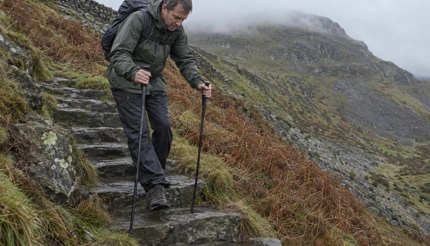 A walker part way down a steep stone staircase on a Welsh mountain path, leaning forward with both hands on the tops of two walking poles planted on the step below.