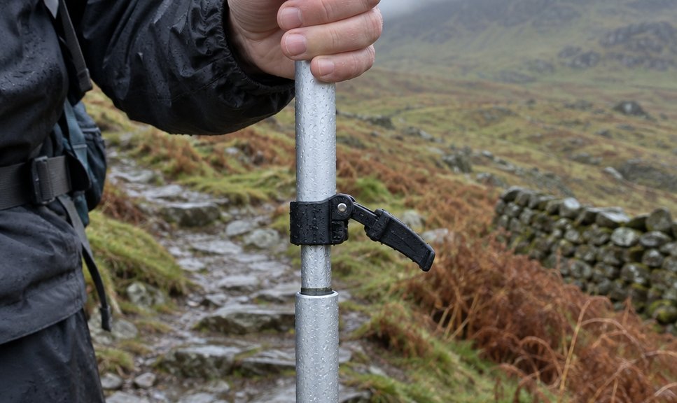 The lever clamp on a walking pole shaft flipped fully open so the inner section is free to slide, held against a wet hillside background.