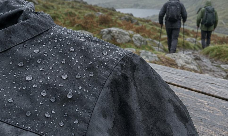 Close view of a jacket shoulder resting on a bench, water beading tightly on one panel and soaking into a dark patch on the next, with a wet Welsh hillside behind.
