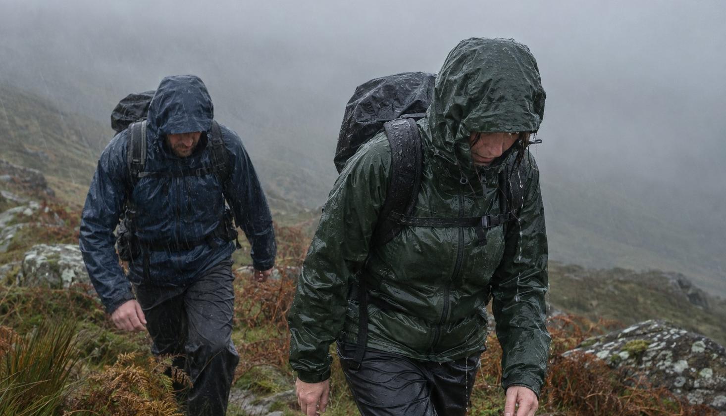 Two walkers in soaked waterproof jackets with hoods up, heads down in driving rain on an open Welsh hillside.