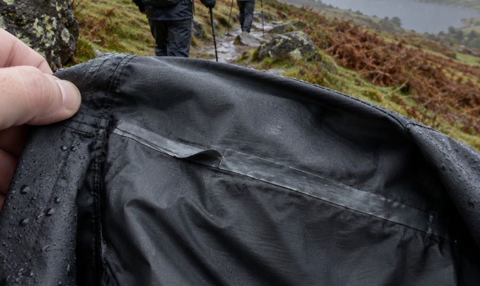 A hand holding open the inside shoulder of a waterproof jacket, where the seam tape has lifted away from the fabric, with walkers on a wet Welsh hillside behind.