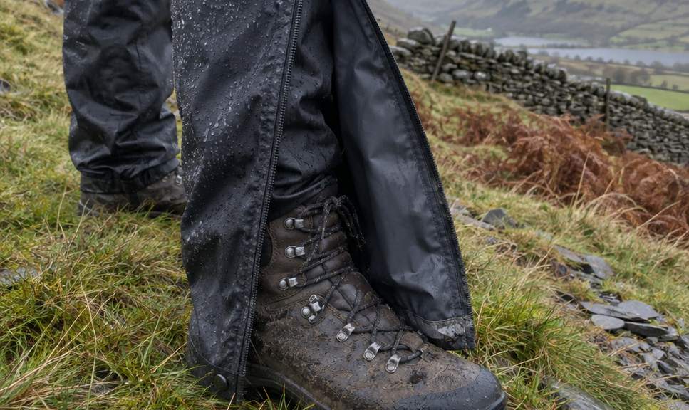 A waterproof overtrouser leg opened along a long side zip and folded back over a still-laced walking boot on wet hillside grass.