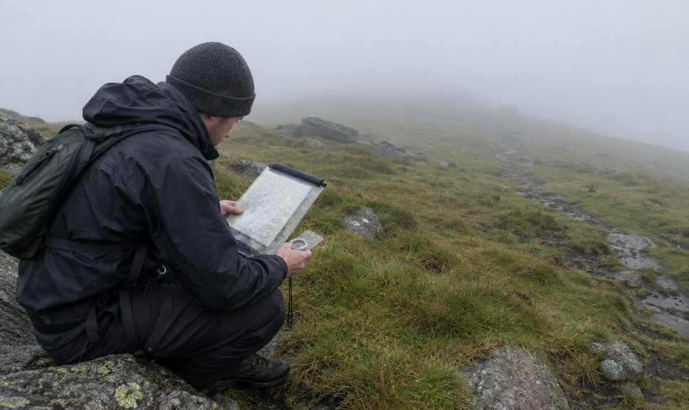 A walker checking a map and compass on a broad plateau in thick mist.