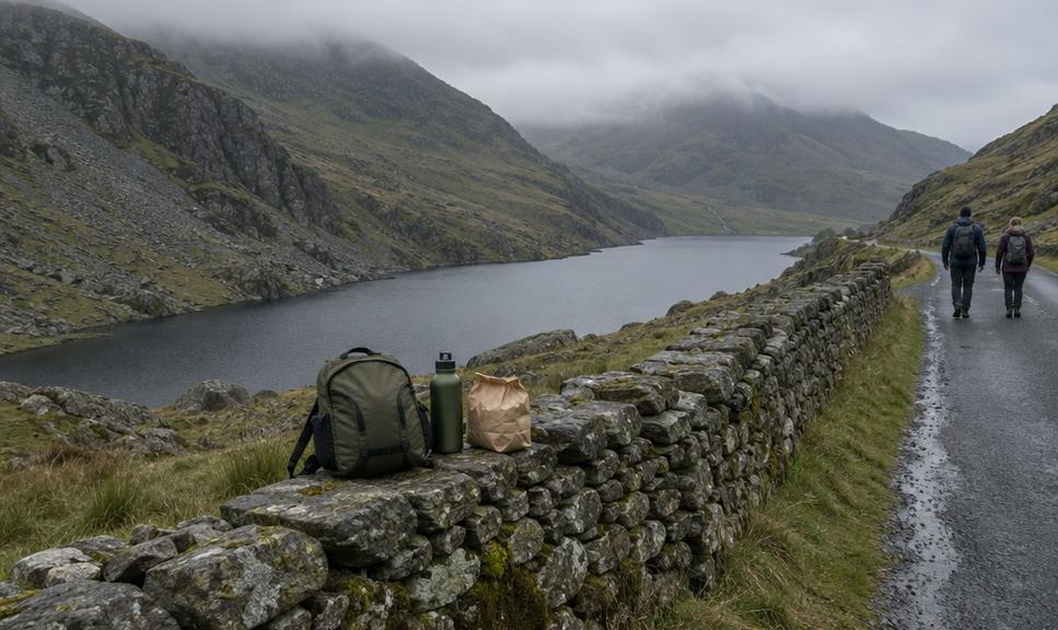 Food and water left on a roadside wall by a mountain lake, ready for a resupply stop.