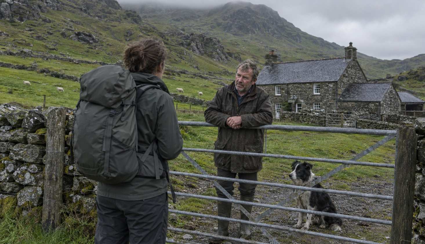 A walker with an overnight rucksack talking to a hill farmer at a farm gate.