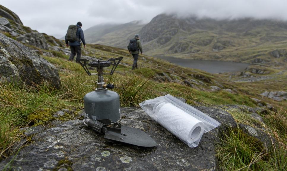 A small gas stove and a trowel on a rock, the kit the wild camping code asks for.