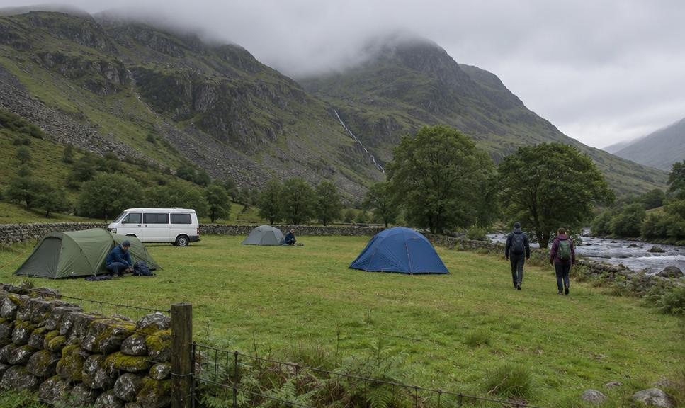 Small tents and a campervan on a valley campsite with mountains in cloud behind.